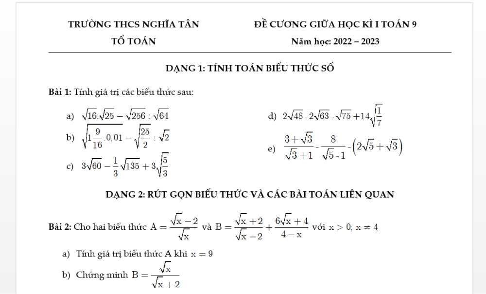 Toán 9: Đề cương Ôn tập giữa học kỳ 1. Trường THCS Nghĩa Tân-Cầu Giấy năm học 2022-2023